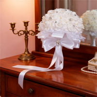 Bouquet de mariée occidental en soie avec nœud en ruban, décoration blanche, rose artificielle, fournitures de mariage