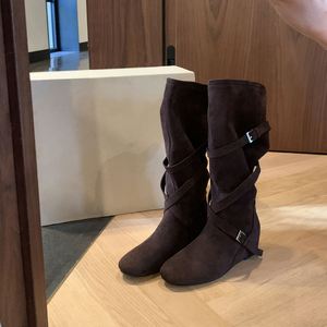 Botas Vaqueras Occidentales para Mujer, Estilo Coreano, Punta Redonda, Hebilla, Altura de 6 cm, Botas de Media Pantorrilla que Estilizan la Figura - Product Image 1