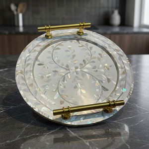 Bandeja Redonda LORD con Incrustaciones de Madreperla y Asas de Latón, Plato Decorativo para Mesa, de Uttar Pradesh - Product Image 5