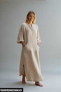 <b>White</b> Linen Kaftan V-neck Eco-Friendly A-Line Maxi <b>Dress</b> Women Handmade Breathable Resort Lounge Wear Loose <b>Boho</b> Vacation B2B - Product Image 3