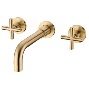 Toptan duvar musluk lavabo-Fırçalanmış Altın lavabo musluğu Çift Kolu Duvara Monte Banyo lavabo musluğu