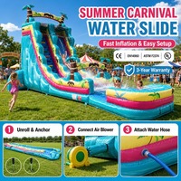 Toboggan aquatique gonflable commercial extérieur à une voie, long, avec piscine à jets, thème palmier tropical, coloris turquoise, jaune et rose
