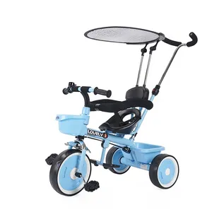 T306C sepeda roda tiga anak, dengan batang tekan-kursi dapat disesuaikan, roda keselamatan, keranjang penyimpanan-sepeda roda tiga balita, mobil mainan