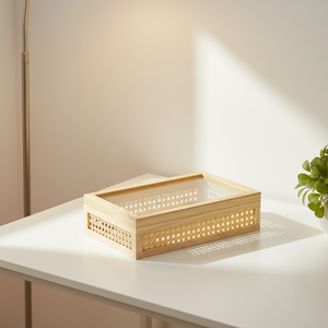 Scatola in Rattan con Coperchio in Vetro, Cesto Decorativo Intrecciato in Canna, Contenitore Quadrato Multiuso per Scaffali Domestici, Cassetta in <span class=keywords><strong>Legno</strong></span> - Product Image 1