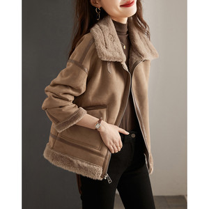 Chaqueta de lana elegante para Otoño e Invierno para mujer, botón informal, holgada, estilo motocicleta, cierre de cremallera, parte superior versátil, conejo <span class=keywords><strong>Artificial</strong></span> - Product Image 6