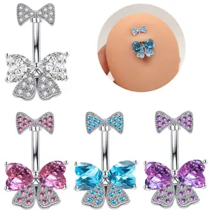 Hot Selling Zircon Bowknot Butterfly Belly Navel Ring Piercing Jewelry Sexy Colorful Crystal Zircon Butterfly Navel Button Ring