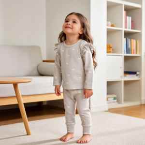 Wholesale Girls Ruffle Sleeve <strong>Pyjama</strong> Set 2Piece Cotton Loungewear with <strong>Cuffed</strong> Pants Soft Winter Sleepwear Outfit for Children - Product Image 1