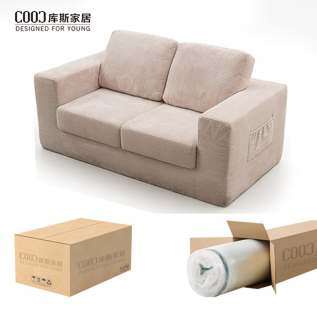 China Manufactory High Density Foam Corduroy Fabric Vacuum Packed Compression Boneless Couch 2 Seater Sofa in a Box