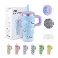 Vaso de acero inoxidable de 14oz para niños, taza de viaje con estampado 3D de flores de dibujos animados, mango Flexible de lujo, Bebidas frías y calientes para acampar