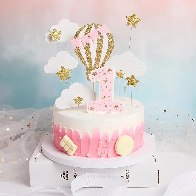 男の子のための白い雲の小さな星と熱気球ケーキトッパー1歳の誕生日パーティーの装飾