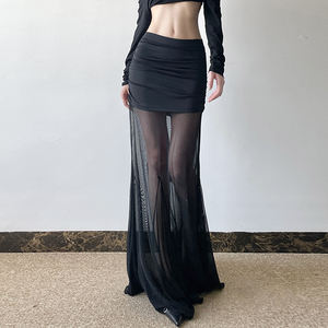 Jupe longue maxi noire sexy en maille transparente patchwork pour femme, froncée, coupe ajustée, taille haute, moulante, longueur ras du sol, pour soirée - Product Image 4