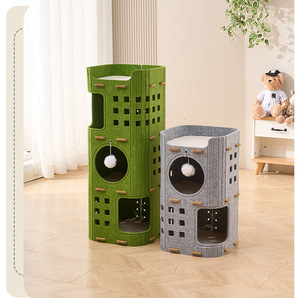Arbre à chat cylindrique à 3 niveaux avec lit respirant en feutre, jouet à suspendre avec balle, <span class=keywords><strong>villa</strong></span> multifonctionnelle pour le divertissement et le sommeil de votre animal - Product Image 4
