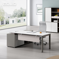 Bureau de direction moderne de luxe en forme de L, table de bureau en bois foncé pour directeur, ensemble de bureau de PDG avec armoire latérale