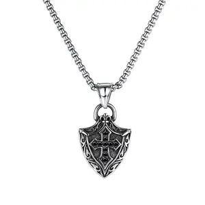 Vintage Celtic Viking Jewelry High Quality Stainless Steel Shield Design Cross Pendant Necklace For Men