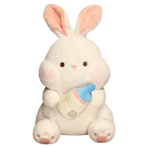 Wholesale Custom Kawaii Milk Bottle Rabbit Stuffed Animal Throw Plushie Doll Soft Bunny Sleeping Pillow Birthday Gift