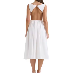 <b>White</b> Sleeveless A-Line Midi Dress Jewel Neck Woven Polyester Casual Daily Wear Simple Solid Pattern Breathable Regular Fit - Product Image 4