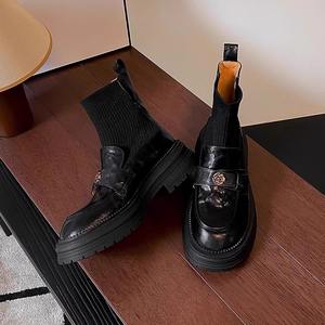 Bottines à chaussettes extensibles de luxe pour femmes, bottines à plateforme rétro polyvalentes de haute qualité, bottines à la mode britannique - Product Image 2