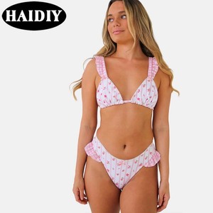 Oem Nieuwe Sexy Effen Kleur Bloemenprints Rugloze Winkle Flouncing Halter Tweedelige <span class=keywords><strong>Bikini</strong></span> Strandkleding Badpak Vrouwen Badmode - Product Image 1