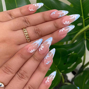<span class=keywords><strong>Faux</strong></span> ongles réutilisables longs en forme d'amande, <span class=keywords><strong>bleu</strong></span> clair avec motif marguerite blanche, rose nude, à presser pour femmes - Product Image 3