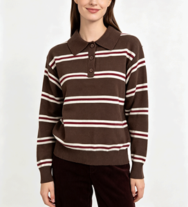 Retro Farbblock Gestreifter Polo-Strickpullover Damen Langarm Revers Strickoberteil - Product Image 3