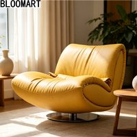 Fauteuil pivotant moderne en cuir véritable et tissu de lin, canapé individuel avec coussin lombaire en duvet, base rotative en acier inoxydable