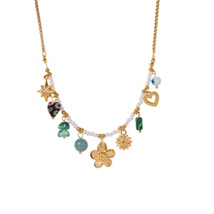 <span class=keywords><strong>Collana</strong></span> Boho Chic in Acciaio Inossidabile Placcato Oro 18K PVD <span class=keywords><strong>con</strong></span> Perle, Perline Verdi, Fiori, Cuori e Occhi - Gioielli alla Moda - Product Image 6