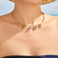 Kalung Choker Rantai Ular Minimalis Stylish Berlapis Emas 18K Batu Alam Es Oval Sederhana Baja Anti Karat Perhiasan Wanita