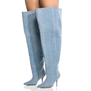 Light Denim Super Wide Top Women Over Knee High Boots Pointed Toe Shoes <b>Long</b> Booties Stilettos Camouflage High Heels Footwear - Product Image 2