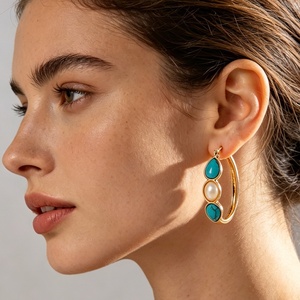 Pendientes de Aro Ovalados de Turquesa Vintage para <span class=keywords><strong>Mujer</strong></span>, Estilo Bohemio Occidental, Chapados en Oro con Piedras Preciosas, Joyería de Moda - Product Image 1