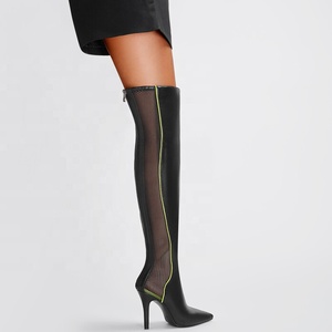 Botas Altas de Verano para Mujer, Talla Grande 46, de Malla y Cuero con Parches, Punta Puntiaguda, Estilo Stiletto - Product Image 3