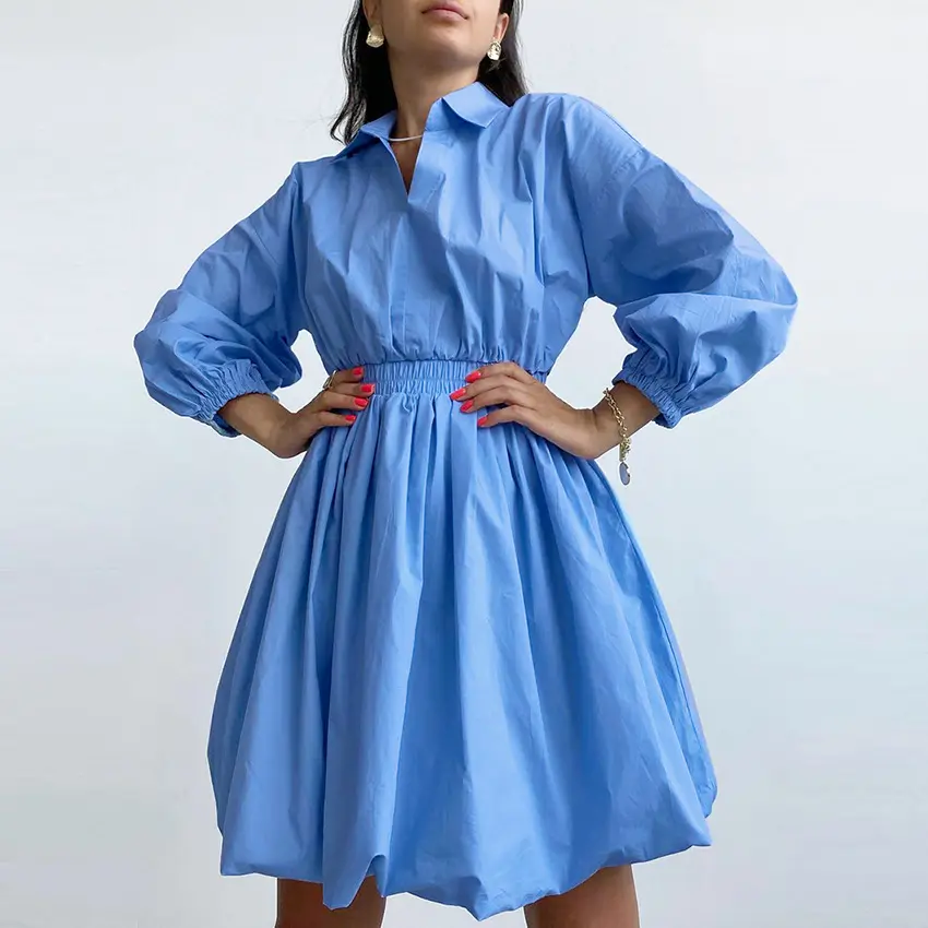 Mandy New Design Damenmode Puffy Kleid V-Ausschnitt Laterne Ärmel Retro Taille Schlanke Freizeit kleider
