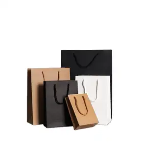 Custom Printed Ribbon Handle Cardboard Packaging Tote Bags Bolsas Black Paper Bag Luxury Gift Paper Shopping Bag With Logos
