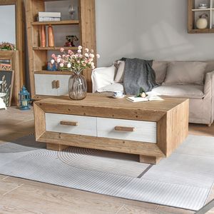 Table basse en bois massif, style rustique moderne, personnalisable, portable, avec tiroirs blancs pour le salon - Product Image 4