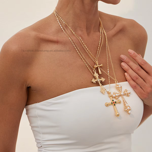 Trendy <b>Statement</b> Chunky Cross <b>Necklace</b> Set Large Long Pendant Pearl Link Choker Material Religious Christian Charm Gift - Product Image 3