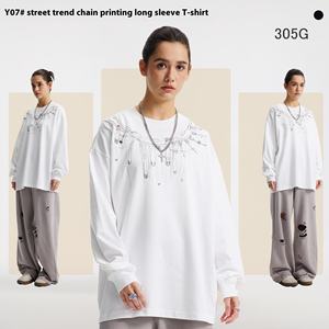 Camiseta Blanca Oversize de Manga Larga con Estampado de Cadena, Estilo Urbano, Top de Algodón Tejido para Hombre, 305G - Product Image 3