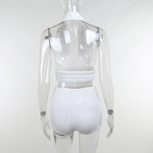 Conjunto de Dos Piezas de <span class=keywords><strong>Ropa</strong></span> Casual, Sexy, <span class=keywords><strong>Bonita</strong></span> <span class=keywords><strong>y</strong></span> Económica, Top Corto sin Espalda <span class=keywords><strong>y</strong></span> Pantalones Cortos de Ciclista <span class=keywords><strong>para</strong></span> <span class=keywords><strong>Mujer</strong></span>, Conjunto de Verano con Top Halter - Product Image 3