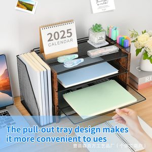 Iron And Wood <b>Storage</b> Rack 4 Tier <b>File</b> Organizer With Pen Holder Desktop Multi Layer Shelf Office Organizer - Product Image 4