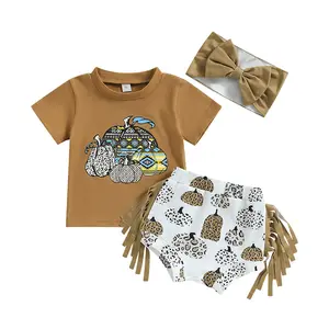 Girls 3Pcs Baby Halloween Costume Short Sleeve Pumpkin Print T-Shirt Top Tassel Shorts Set Girls Clothing Sets Baby Girls
