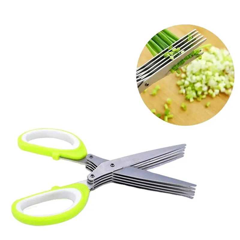 Gunting dapur baja tahan karat 5 lapisan, gunting dapur memotong pisau ganda herbal bawang hijau daun