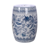 RZPZ30-G Bangku Drum Porselen Biru dan Putih, Motif Bunga & Daun, Kursi Taman Antik Cina