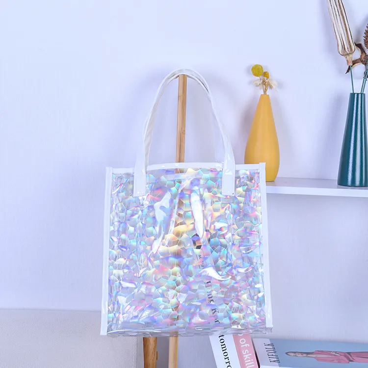 Özelleştirilmiş şeffaf hediye pvc Dazzle balık pulu parça lazer tote düğün pvc kullanımlık alışveriş plaj hediye çantası