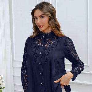 Blusa de Encaje Bordado Sencillo para Mujer, Colección Primavera/Verano 2026, Elegante y Exquisita, de Manga Larga, Tejida, Disponible en EE. UU. - Product Image 1