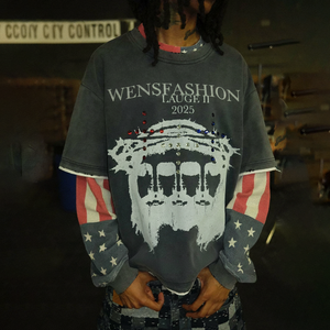Camisetas Oversize Vintage de Manga Larga para Hombre con Estampado Gráfico DTG Personalizado, Efecto Desgastado por el Sol y Teñido Ácido, Estilo Streetwear - Product Image 1