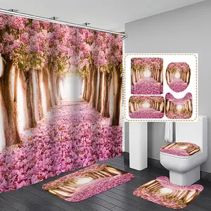 Set da bagno con paesaggi di fiori rosa di ciliegio primaverile Set di tende da doccia 4 pezzi con tappeti da bagno - Product Image 1
