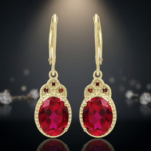 Pendientes Colgantes GOURIK Clásicos de Plata 925 Bañados en Oro con Rubí Ovalado Creado en Laboratorio y Engaste de Garra, Estilo Moderno, Finos, para Aniversario de Mujer - Product Image 2