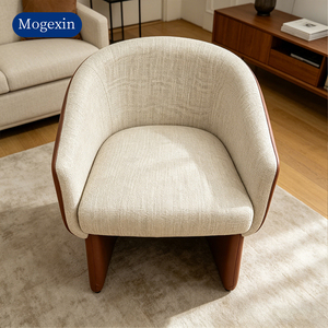 Stylish Beige Fabric & Brown Leather <b>Armchair</b> Modern Accent Chair for Home & Hotel Suitable for living rooms <b>dining</b> rooms - Product Image 2