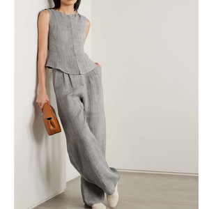 Conjunto Casual de Verano de Dos Piezas para <span class=keywords><strong>Mujer</strong></span> 2026 con Logotipo de Marca Personalizado, Mezcla de <span class=keywords><strong>Lino</strong></span>, <span class=keywords><strong>Chaleco</strong></span> y Pantalones a Rayas para Uso Diario - Product Image 1