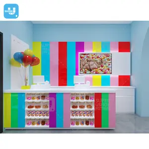 七彩甜品店室内设计巧克力棒家具木制定制散装糖果柜台展示棒棒糖店