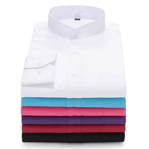 Mannen Lange Mouw Mao-Kraag Shirt Patch Pocket Smart Casual Standaard-Fit Business Kantoor Aanpassen Jurk Shirts