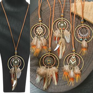 Bohemian Vintage Feather Pendant Necklaces Alloy <b>Copper</b> Unisex Long <b>Chain</b> Handmade Colorful Real Feathers Circle Design - Product Image 5